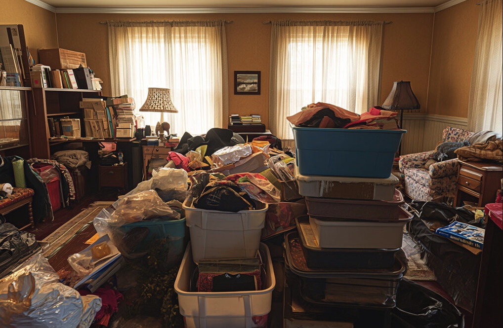 Farmington Hills living room with bins and clothing before clutter removal